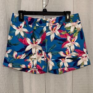Express 2 Tropical Floral Blue Pink Beige Green Cuffed Hem Chino Shorts